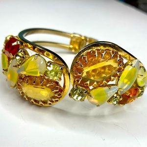 VTG Clamper Hinged Cuff Bracelet Amber Yellow Gold Tone Prong Set Juliana Style